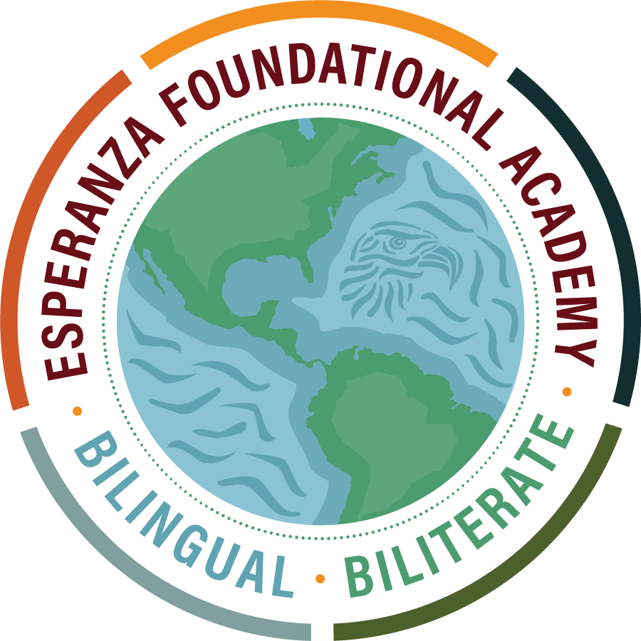 Circular seal for Esperanza Foundation Academy, highlighting bilingual and biliterate education, with a globe at center.