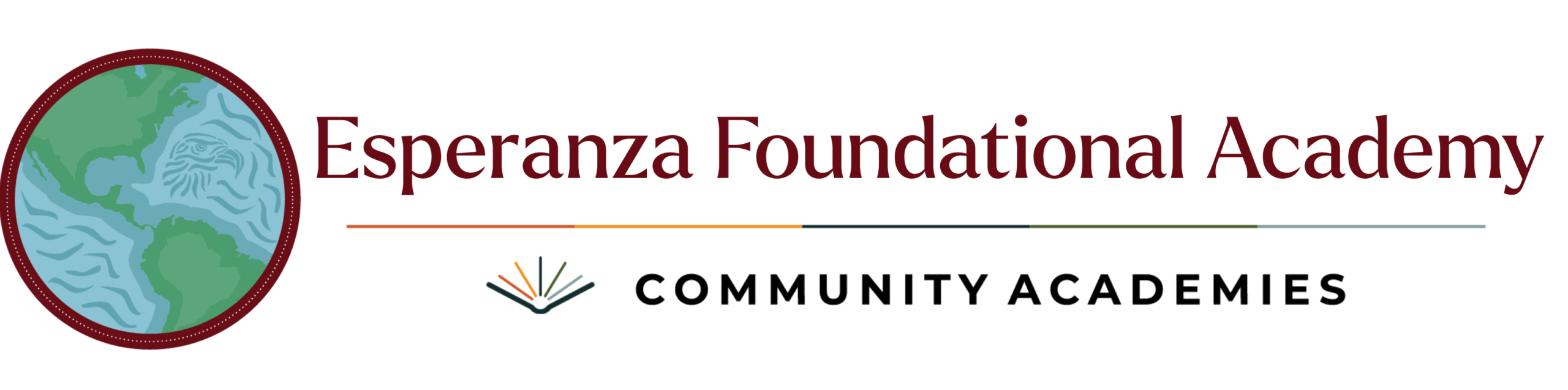 Logo for Esperanza Foundational Academy: maroon-bordered globe, maroon serif wordmark, multicolor progress bar, and small open-book icon.